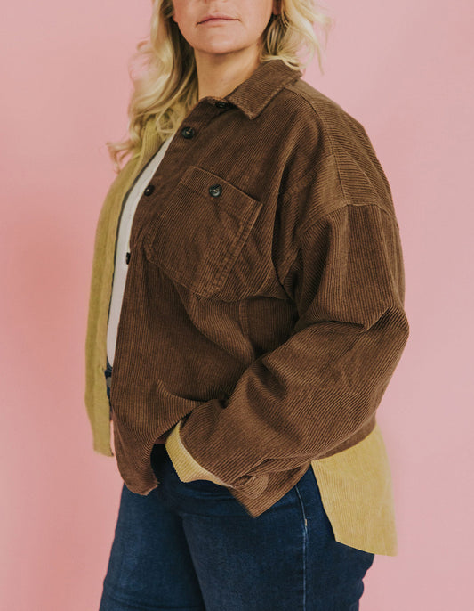 Plus Size Color Block Corduroy Shacket