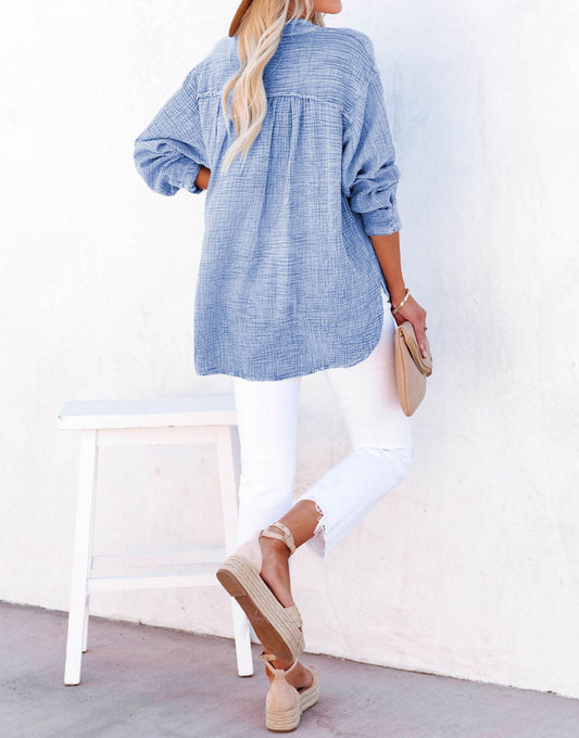 Crinkle Textured Loose Henley Top