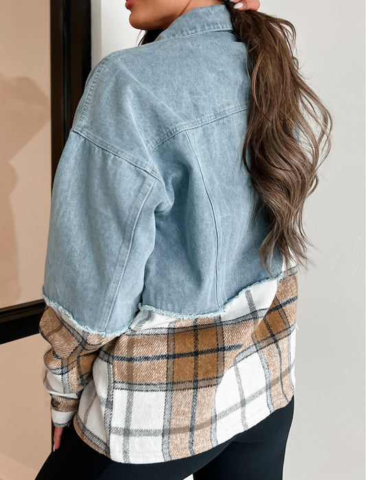 Khaki Plaid Patchwork Buttoned Oversized Denim Jacket