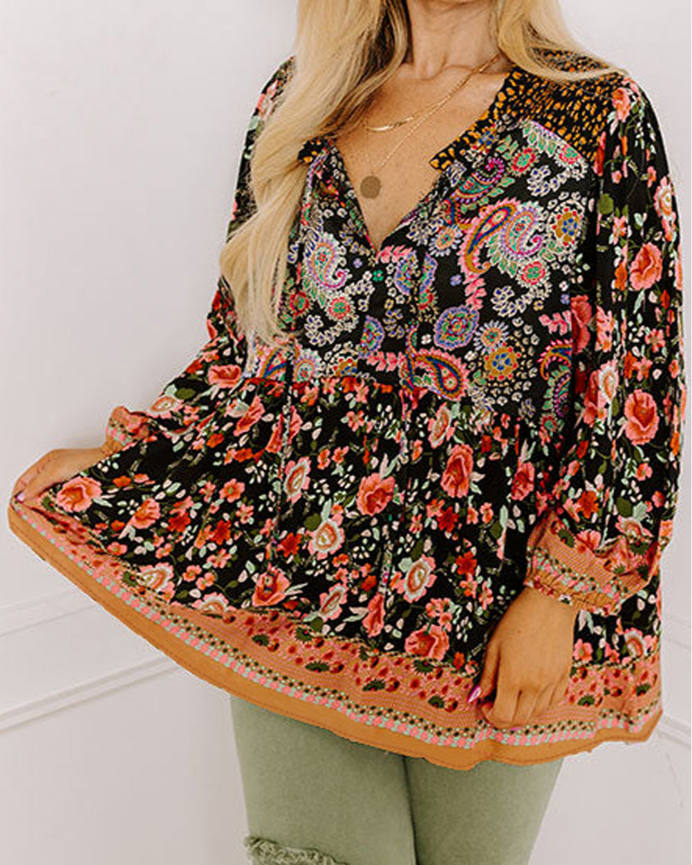 Plus Size Paisley Floral Print V Neck Bubble Sleeve Blouse