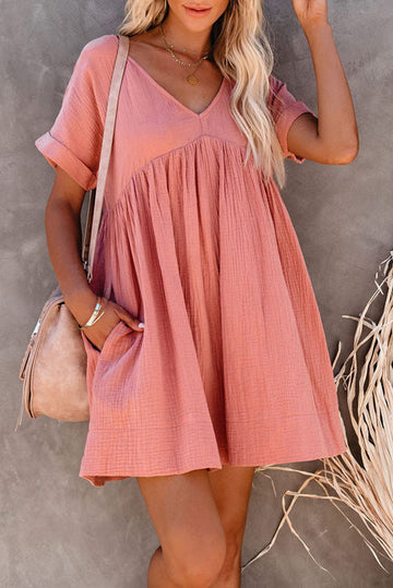 Pink Roll Up Short Sleeve V Neck Babydoll Mini Dress