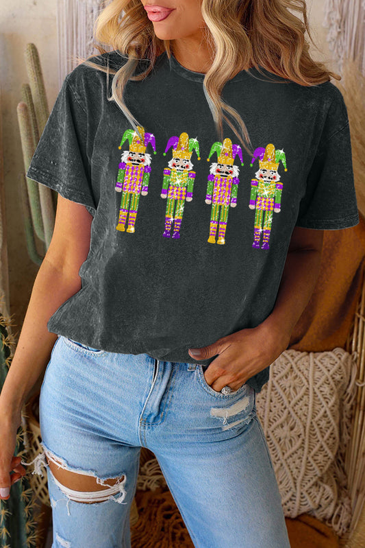 Mardi Gras Sequin Graphic Drop Shoulder Crew Neck T Shirt