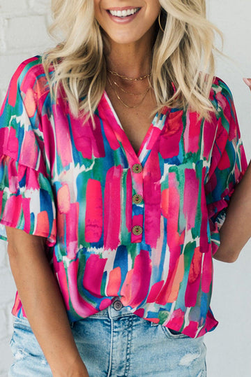 Abstract Brushwork Print Buttoned V Neck Blouse