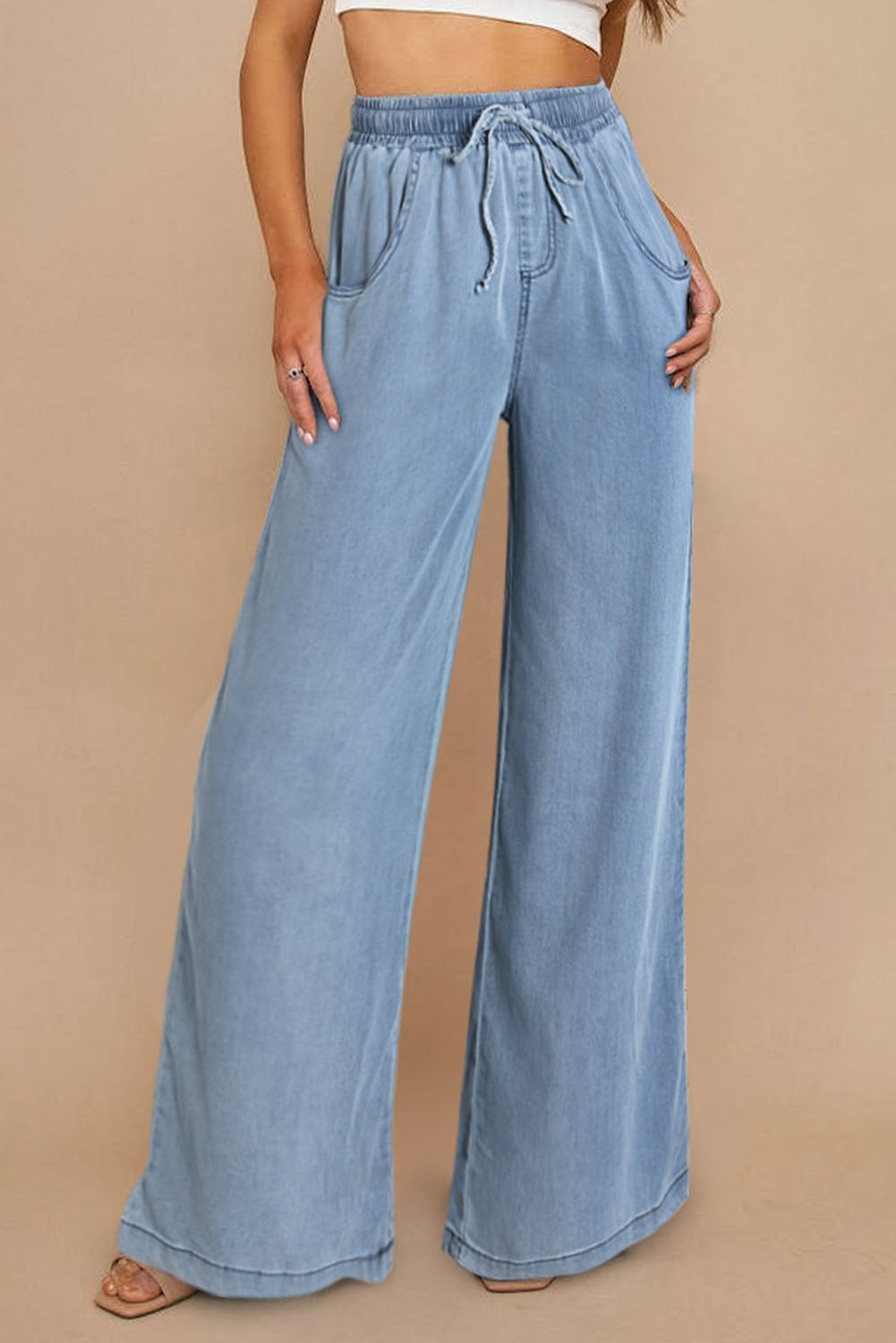 Blue Drawstring Waist Wide Leg Tencel Denim Pants