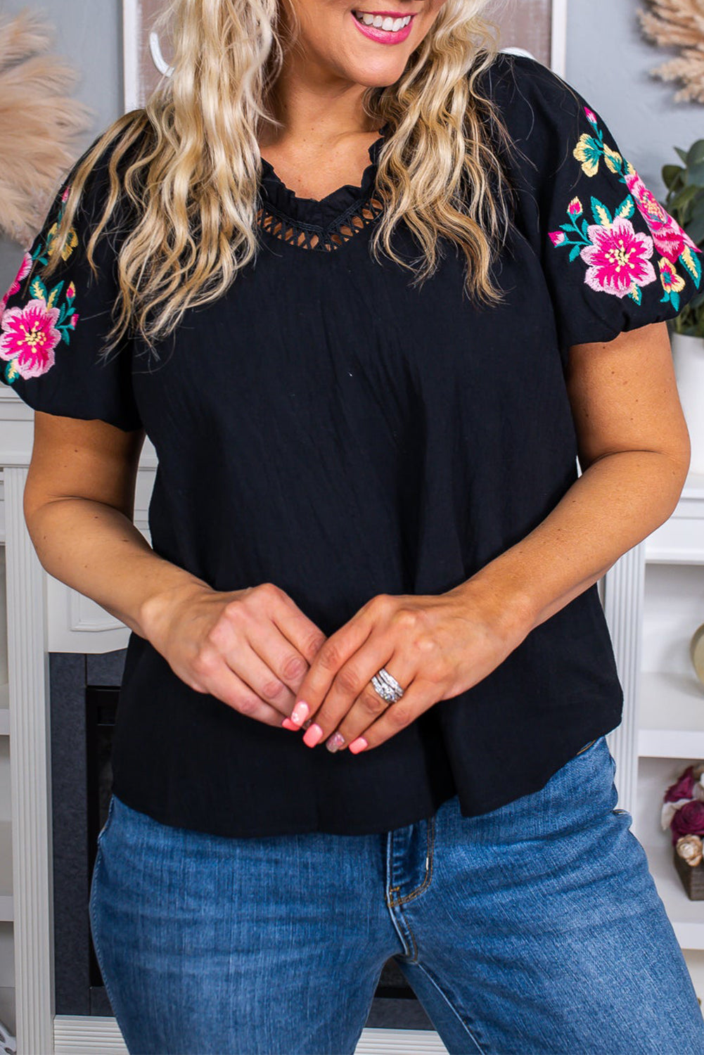 Floral Embroidered Bubble Sleeve Frill V Neck Top