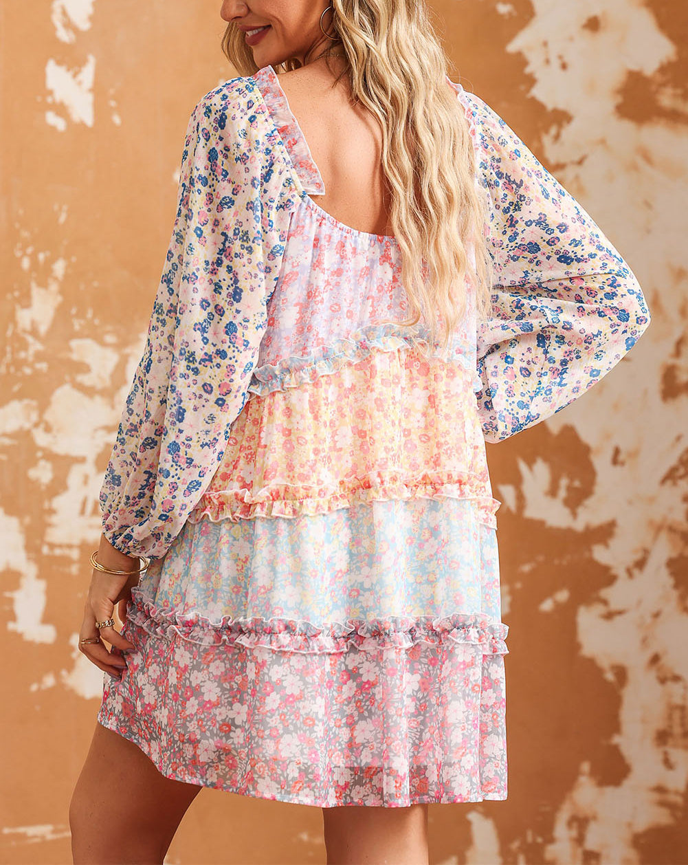 Floral Colorblock Tiered Puff Sleeve Dress