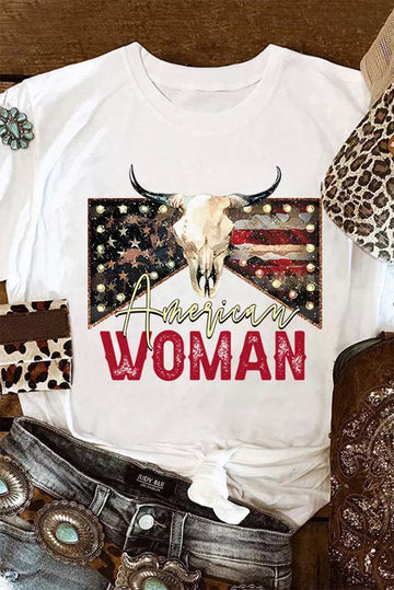 American Woman Cow Skull Print Graphic T Shirt