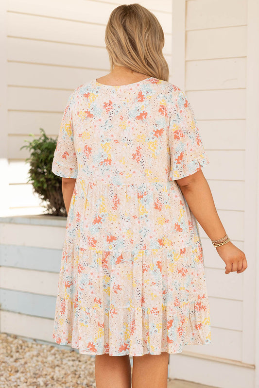 Pink Plus Size Floral Pattern Babydoll Swing Dress