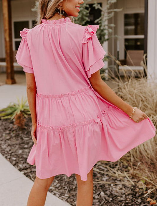 Pink V Neck Layered Ruffled Sleeves Mini Dress