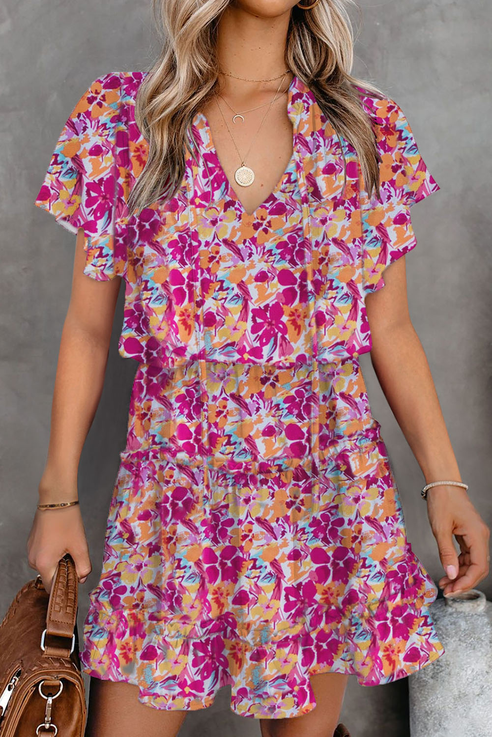 Floral Print Tie V Neck Ruffle Mini Dress