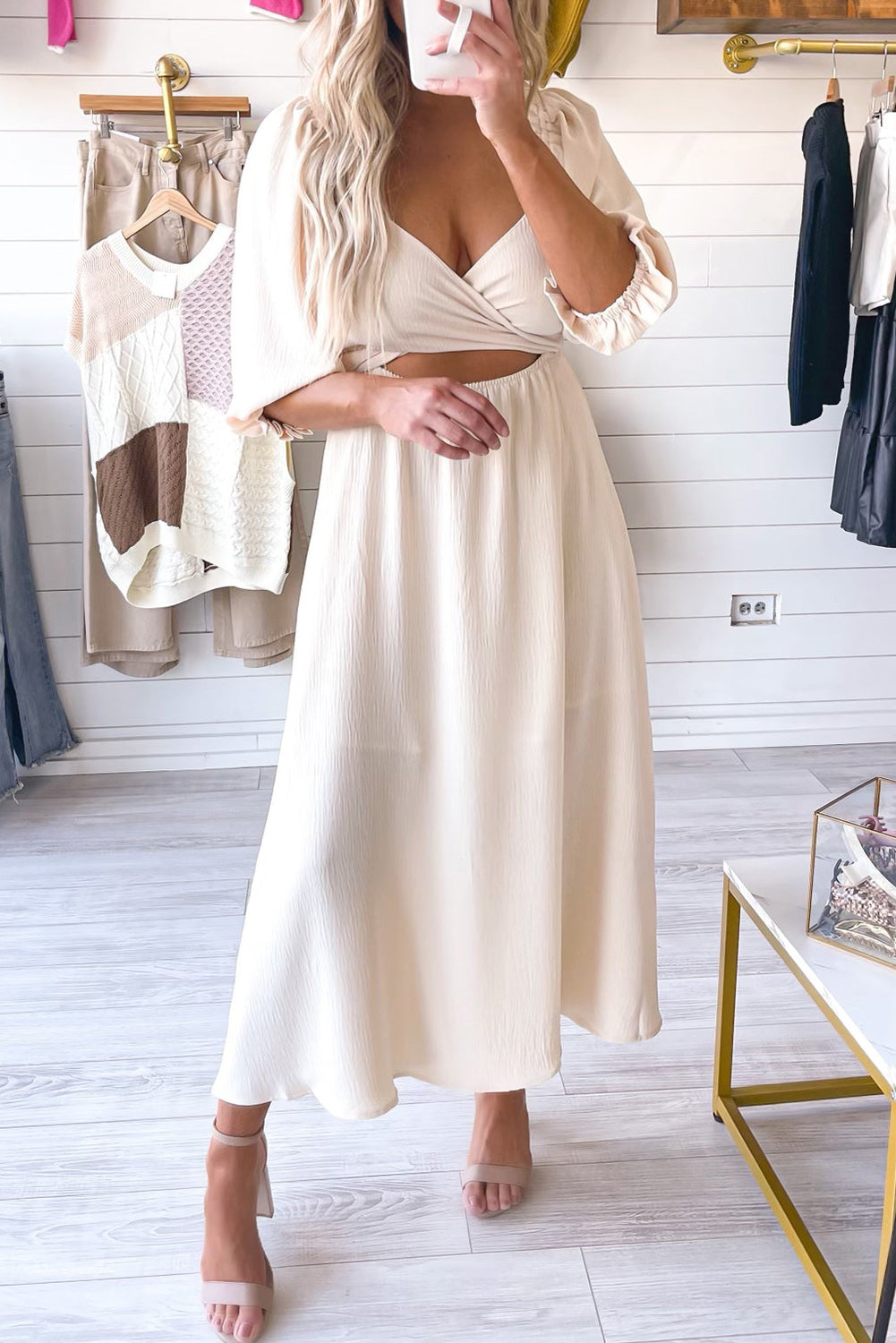 Beige Puff Sleeve Cross Tie Cut Out Maxi Dress