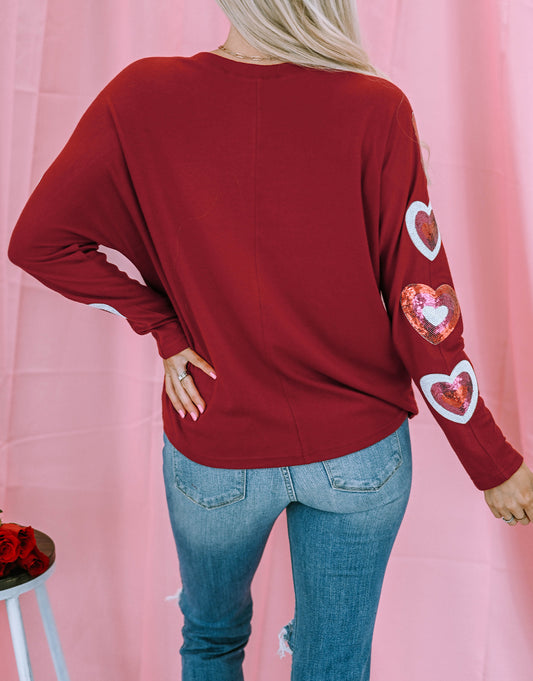 Sequined Heart Printed Sleeves Valentine Fashion Top