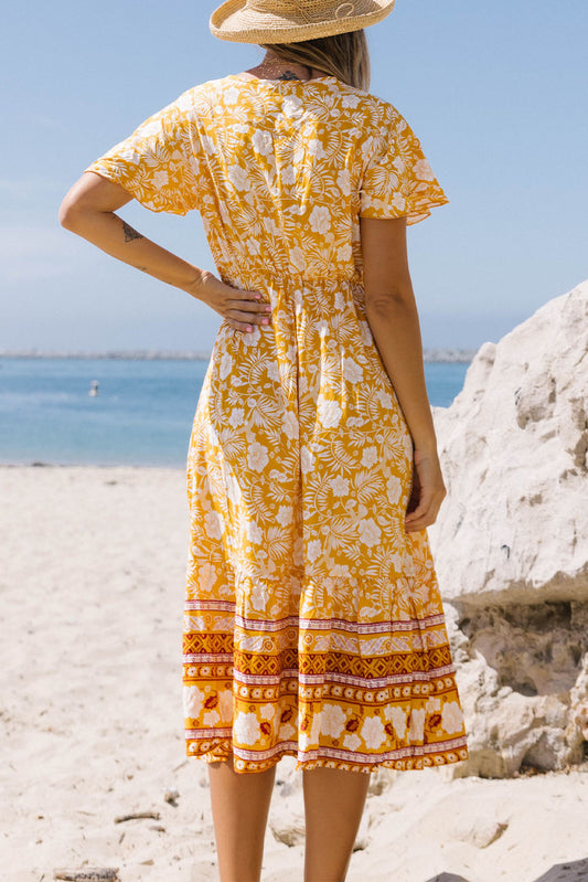 Yellow Floral Wrapped V Neck Tied Ruffled Sleeves Midi Dress