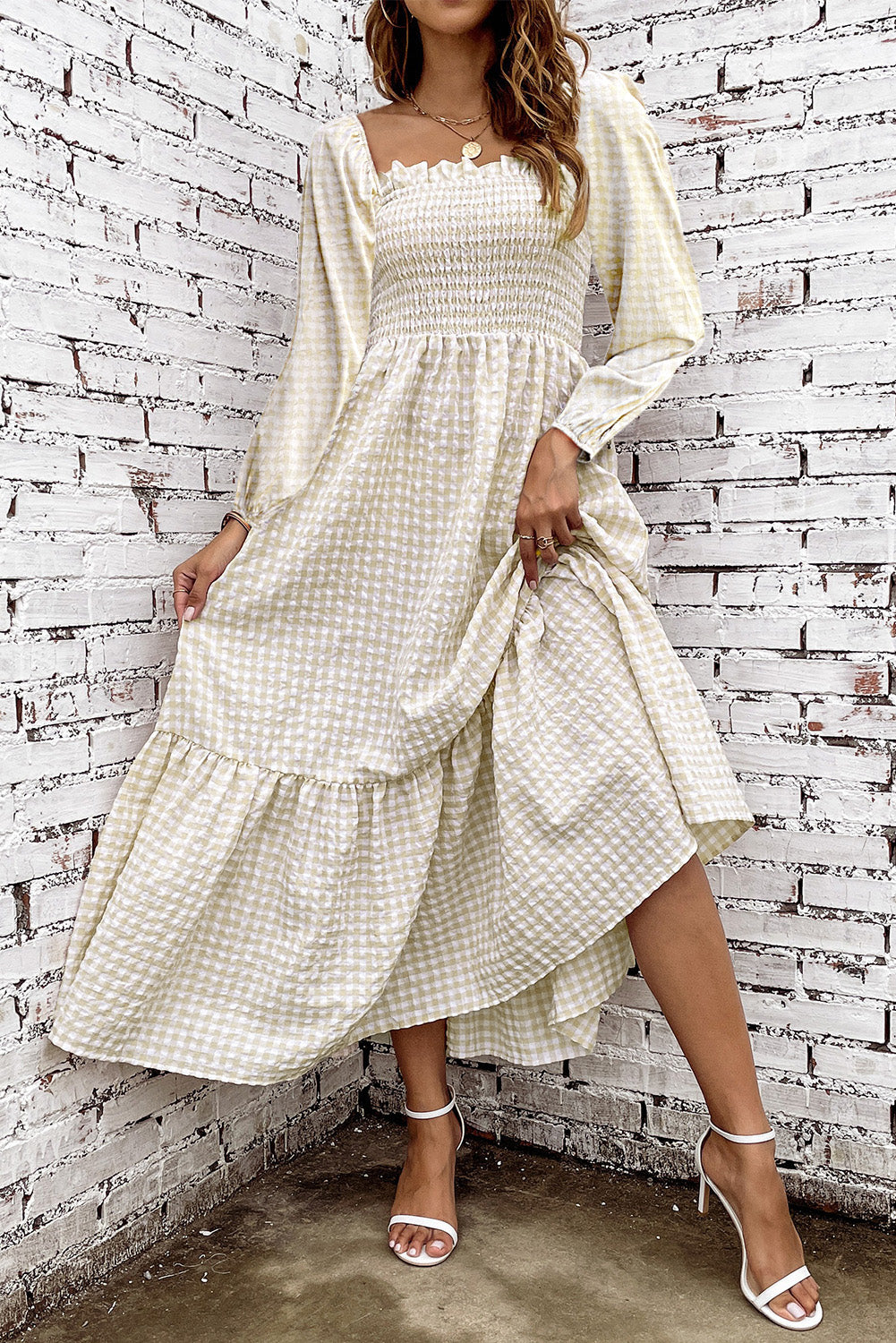 Plaid Ruffled Square Neck Smocked Tiered Maxi Dress