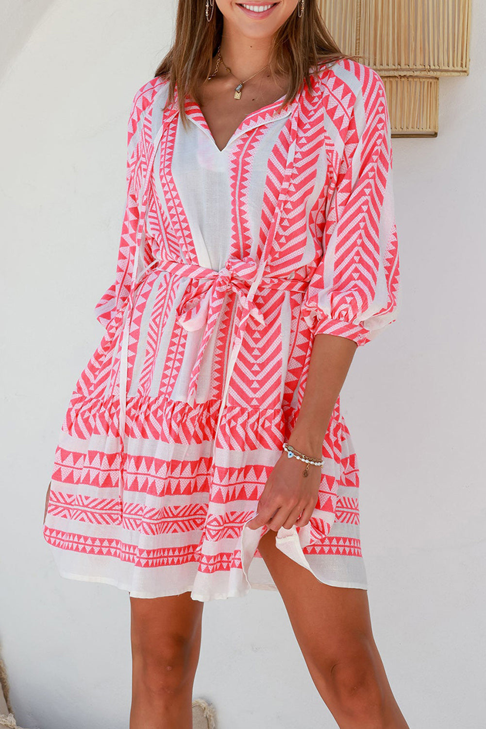 Geometric Print Belted Puff Sleeve Dress