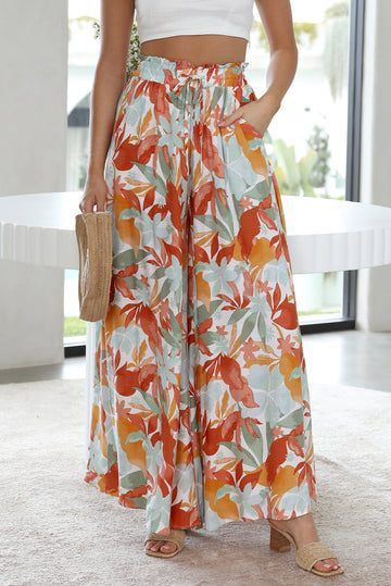 Floral Print Drawstring Shirred High Waist Wide Leg Pants