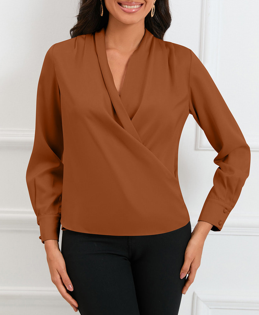 Solid Wrap V Neck Long Sleeve Top