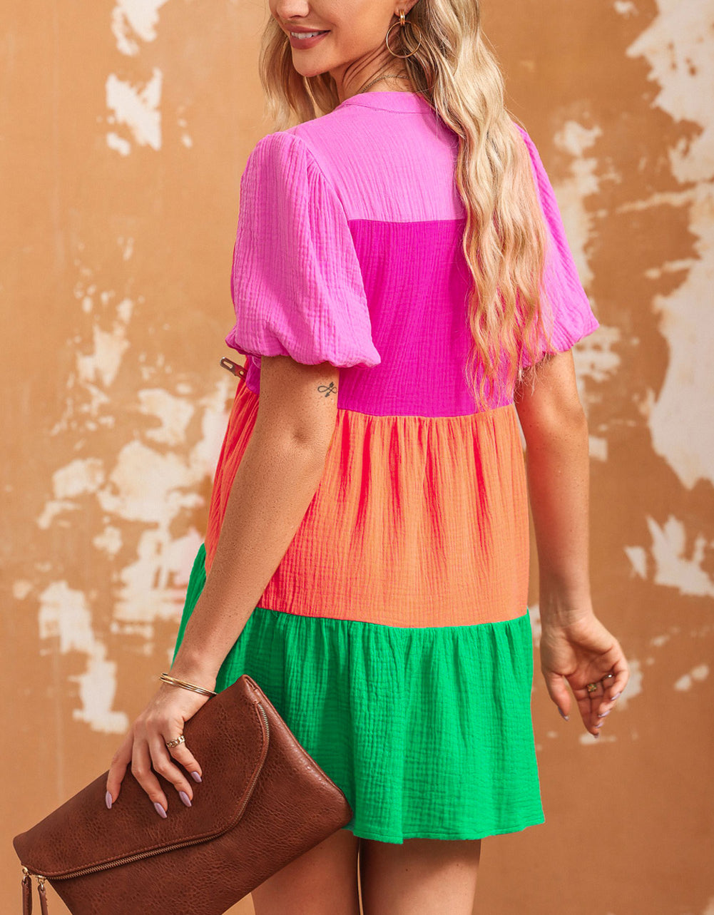 Multicolor Color Block Tiered Puff Sleeve Dress