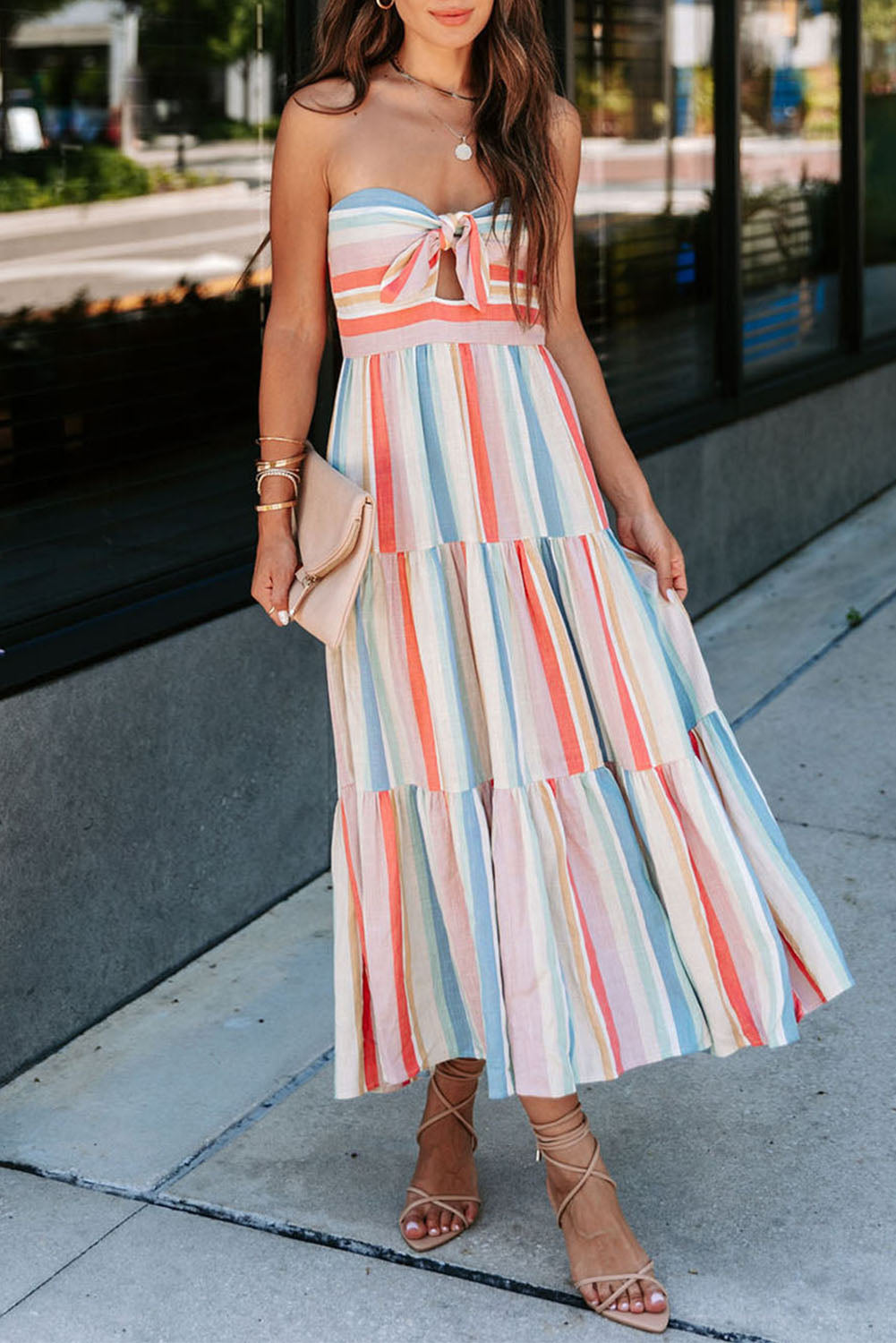 Striped Tie Decor Strapless Tiered Maxi Dress