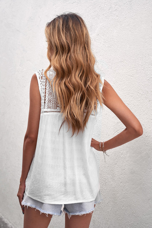 White Lace Tie Front Button Tank Top