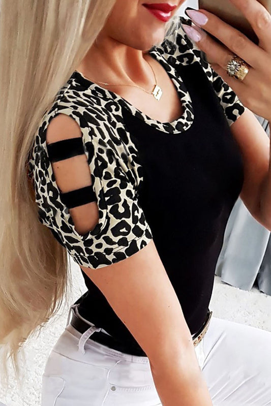 Black Leopard Color Block Cut Out Short Sleeve Top