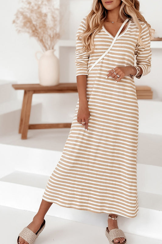 Striped V-neck Long Sleeve Casual Dress