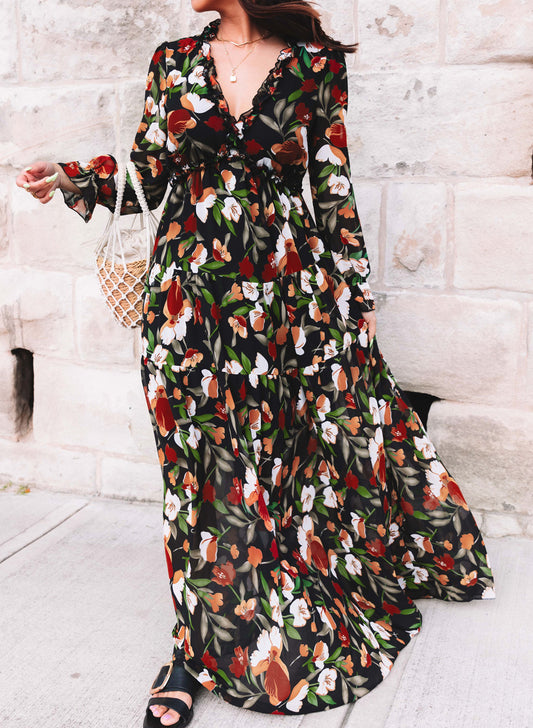 Multicolor Wild Lotus Ruffle Tiered Maxi Dress