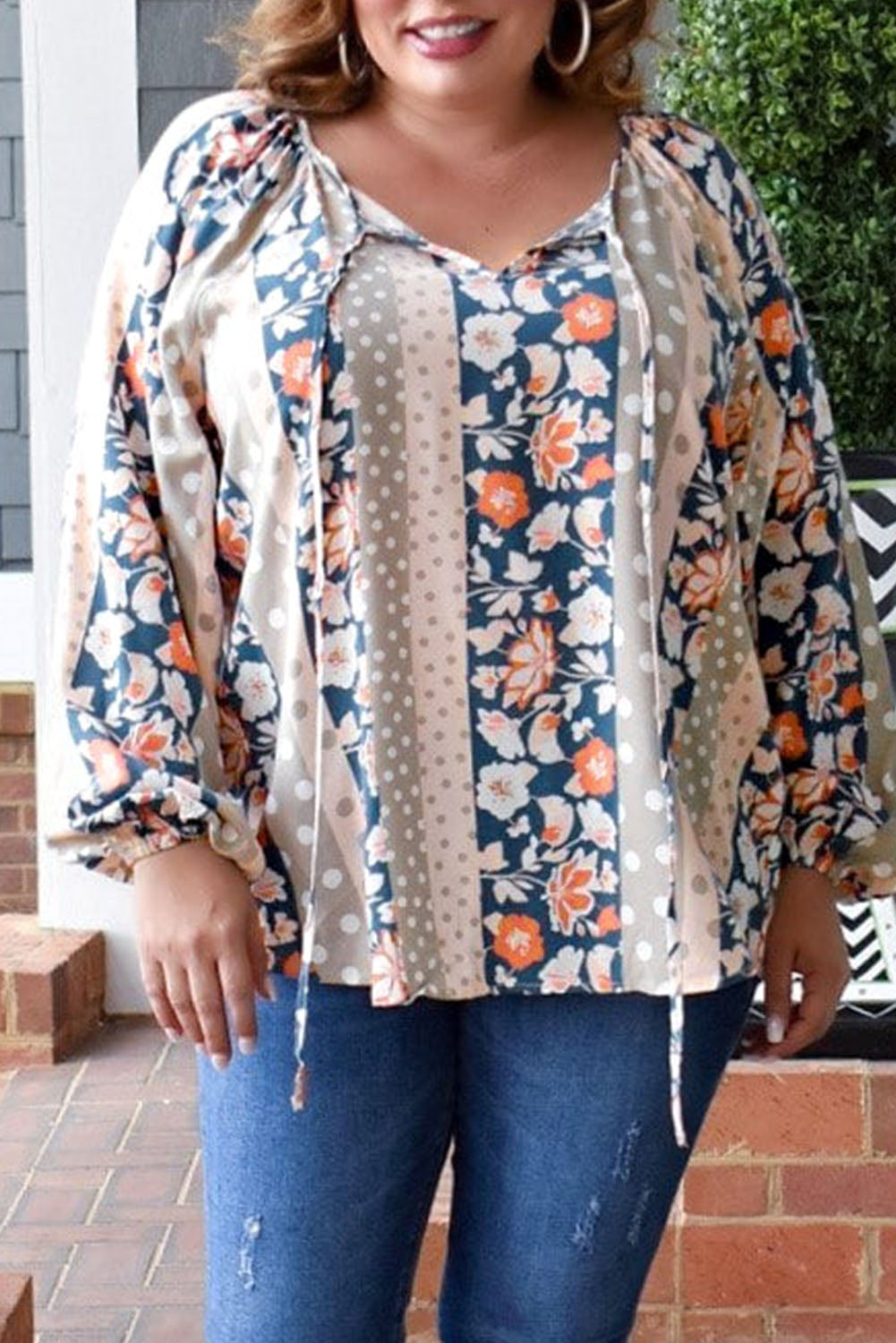 Plus Size Mixed Print Split Neck Blouse