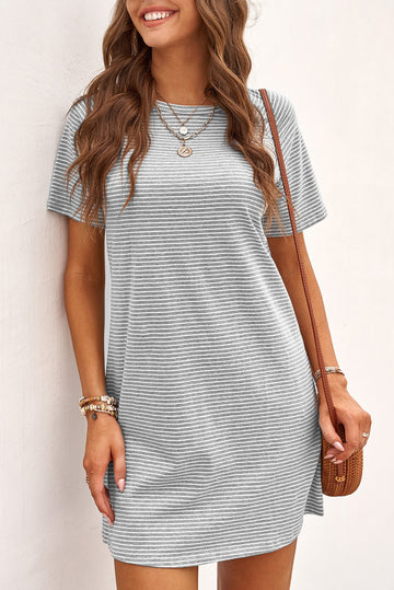 Gray Raglan Sleeve Striped Cotton-blend T-shirt Mini Dress