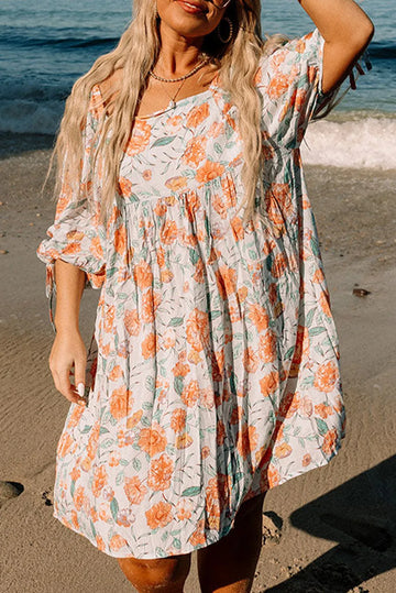 Orange Plus Size Square Neck Tie Sleeve Floral Dress