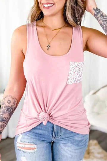 Pink Floral Patch Pocket Tank Top