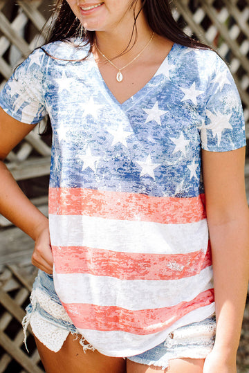 Plus Size Vintage American Flag Print V Neck T Shirt