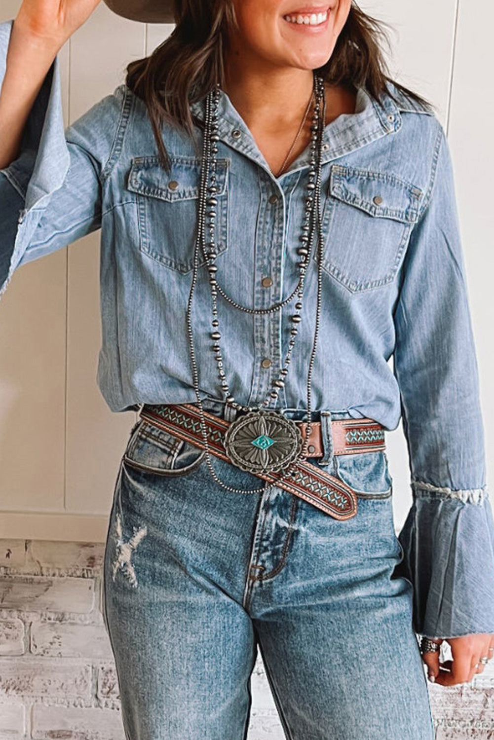 Chest Pockets Bell Sleeve Buttoned Denim Jacket