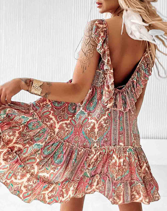 Paisley Print Sleeveless V-Neck Tassel Tie Ruffle Dress