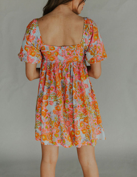 High Waist Square Neck Puff Sleeve Floral Dress