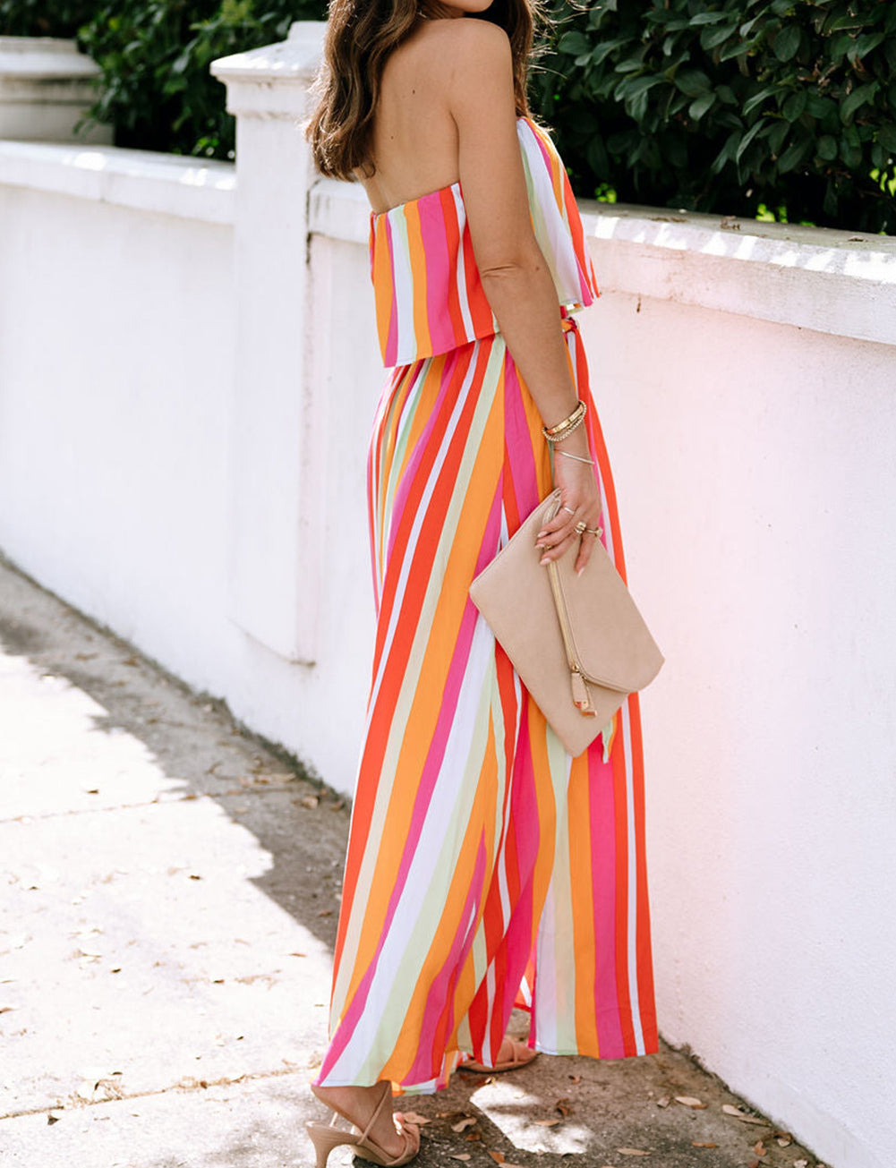 Stripe Overlay Strapless Maxi Dress with Slits