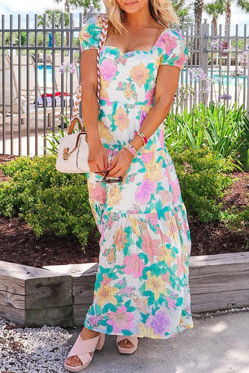 Square Neck Puff Sleeve Tiered Floral Maxi Dress