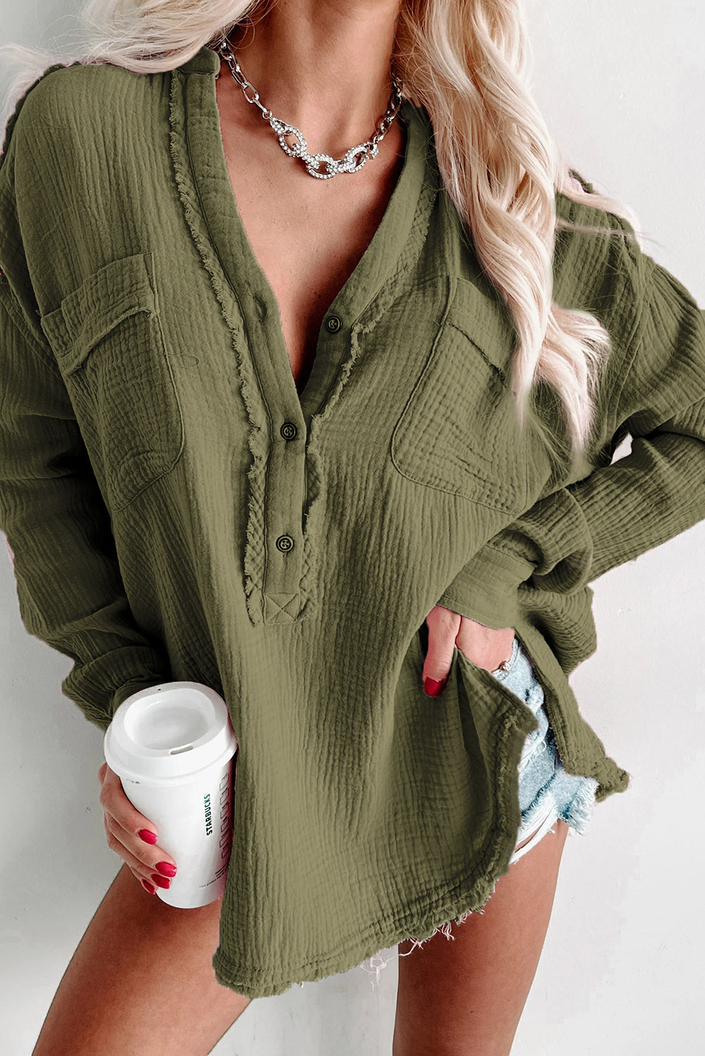 Crinkle Long Sleeve Distressed Split Henley Top