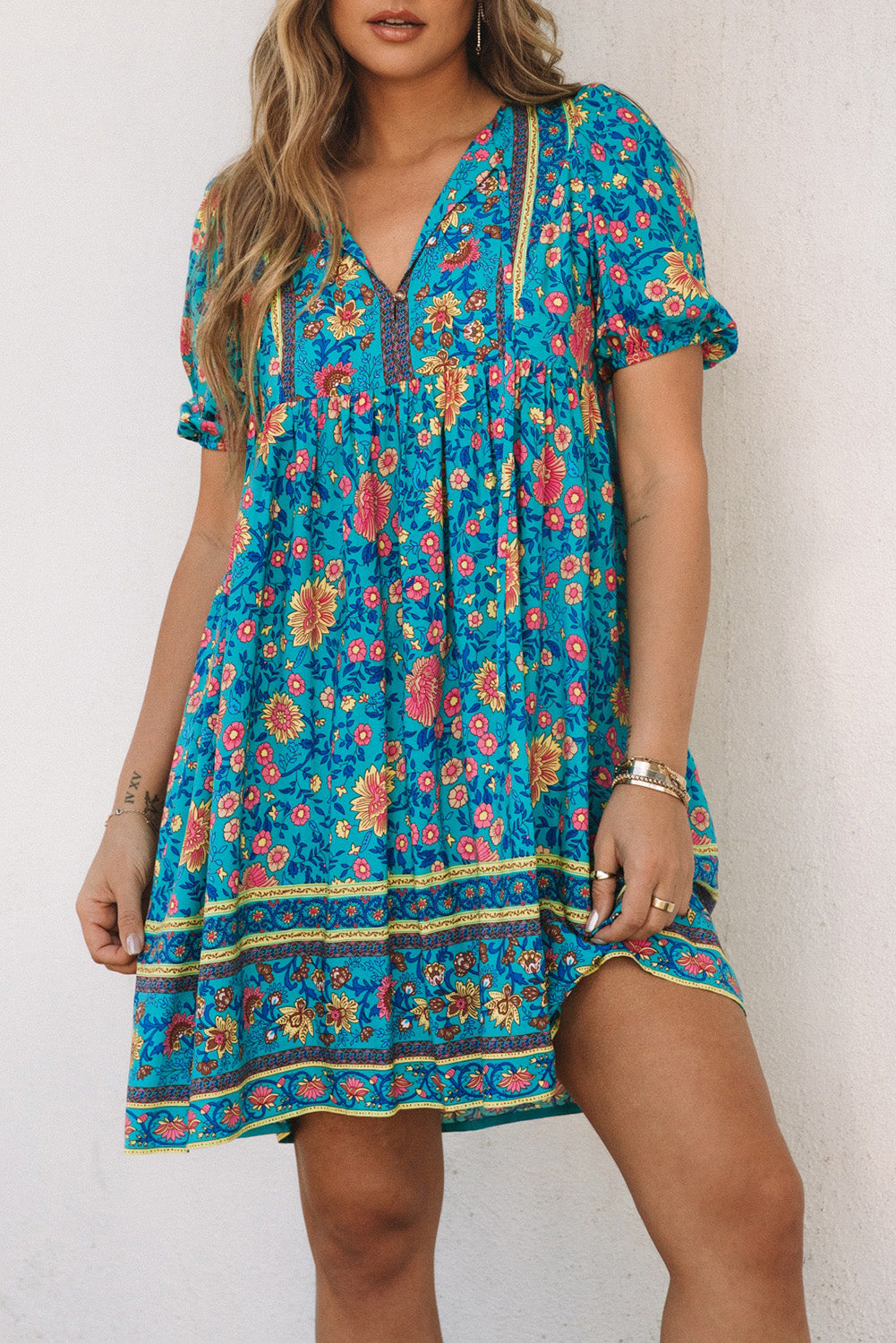 Blue Floral Print Empire Waist Flowy Dress