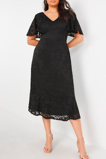 Plus Size Lace Flutter Sleeves Flare Midi Dress