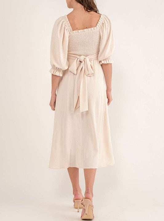 Beige Puff Sleeve Cross Tie Cut Out Maxi Dress