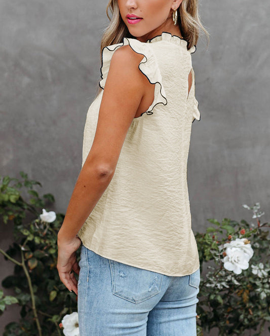 Contrast Trim Ruffled Crew Neck Sleeveless Top