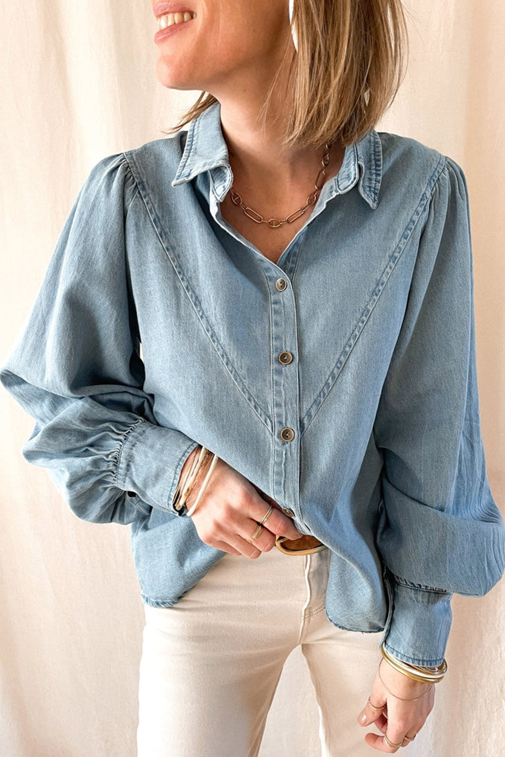 V-shape Stitching Puff Sleeve Denim Shirt