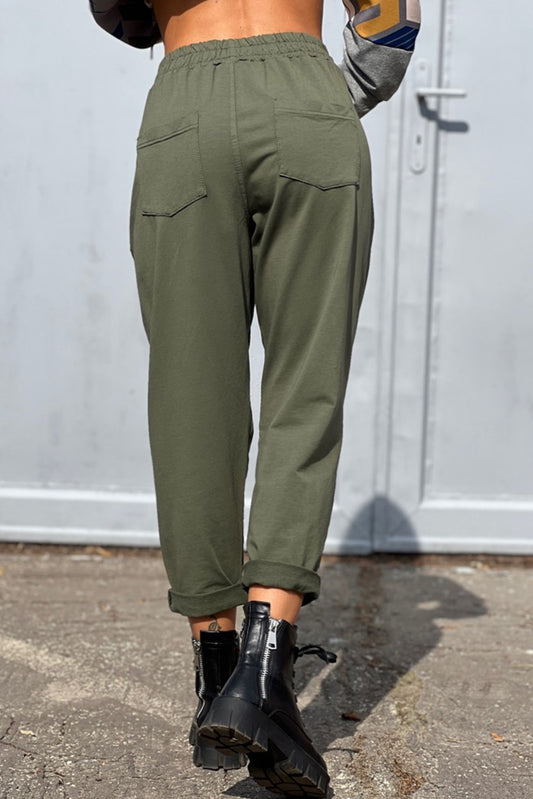 Green Casual Elastic Drawstring Waist Pants