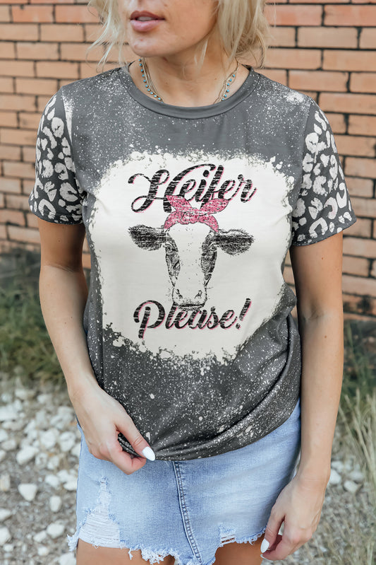 Heifer Please Cow Head Leopard Bleached Print Graphic Tee