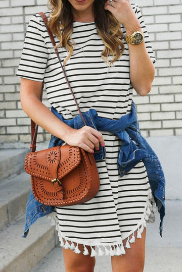 Crew Neck Striped T-shirt Mini Dress with Tassel