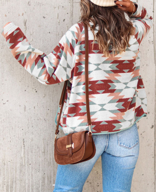 Geometric Aztec Pattern Plus Size Fleece Jacket