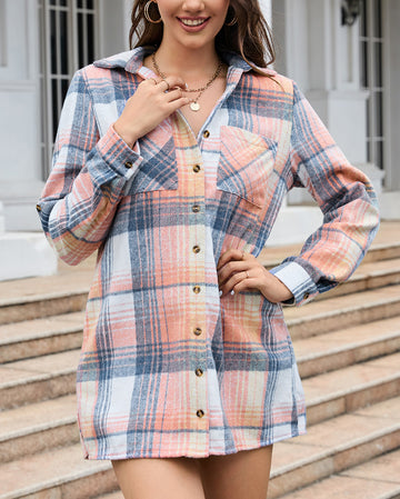 Plaid Roll-tab Sleeve Side Slit Shirt Dress