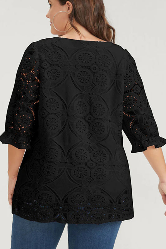 Black Plus Size Lace Crochet Square Neck Blouse