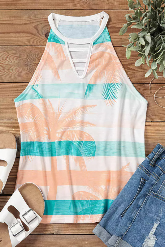 Coconut Tree Striped Keyhole Neck Tank Top